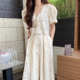 Woherb Chic Niche Temperament V Neck Hollow Lace Embroidered Jacket Women High Waist Pressure Pleated Skirt Two Sets Of Women-Outfit