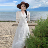 Tea Break Gentle Wind V Collar Bubble Sleeve Yunnan Tourism White Dress Female Senior Sense Lace Dress-Outfit