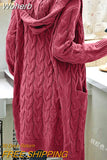 Women Sweater Mid-Length Women'S Overcoat Cardigan Solid Color Hooded Twisted Knitted Open Loose Sweaters-Outfit