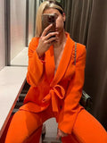 Women Fashion Solid Lace Up Blazer Set Chic Lapel Long Sleeved High Waist Pants Suit 2023 Spring Office Ladies Elegant Outfits-Outfit