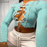 Autumn Fashion Sexy Hollow Out T-Shirt Women Patchwork Long Sleeve Street Casual Crop Top Lady Cross Bandage