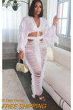 Hollow Out Hole Tassel 2 Piece Set Women Sexy Lace Up V Neck Crop Top + Long Skirts Skinny Club Party Beach Outfits 2023-Outfit