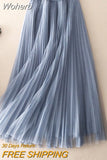 Woherb Elastic 3 Layers Waist Ball Gown Gauze Tutu Skirt Elegant Vintage Mesh Long Tulle Skirt For Spring Autumn QT2117 1215-1-Outfit