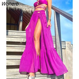 Women Summer Two Piece Beach Dress Suits Sexy Mesh High Slit Skirt Set-Outfit