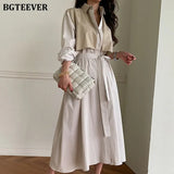 Autumn Casual Striped Fake 2 Pieces Women Dress Turn-down Collar Single-breasted Lace-up Female Loose A-line Dress-Outfit
