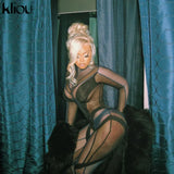 Kliou Mesh Patchwork Jumpsuit Women Mock Neck Full Sleeve Geometric One Piece Playsuit Sexy Midnight Overall Party