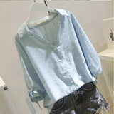 And Autumn 2025 New Korean Version Of The White Wave Dot Shirt Women's Sleeves Loose Casual Cotton-Song V-Neck