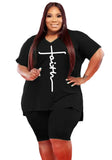 Plus Size Casual Print V-Neck Long Sleeve Top Biker Shorts
