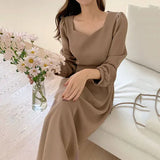 Chic Korean Fashion Women Temperament Office Lady Elegant Work Basic Wear Solid Vintage Long Dress Fenimine Vestidos