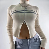 Chic Knitting Tops y2k Women Zip Up Stand Collar Striped Long Sleeve T Shirt 2000s Grunge Clothes Fashion Streetwear-Outfit