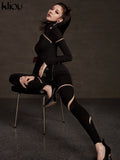 Kliou Patchwork Mesh Two Piece Set Women Hot Punk Mock Neck Stripe Hollow Out Skinny Tops + Streetwear Sporty Female