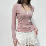 Woherb Girl Wind Lace Stitching Bow Long Sleeve T Shirt Square Collar Pit Strip Slim Solid Color Bottom Top-Outfit