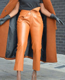 High Waist Zipper Fly Solid Ankle-Length Regular Leather