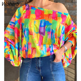 Women Multicolor Print Loose Top 2022 Femme Sexy One Shoulder Lantern Sleeve Colorblock Blouse Female y2k Chic Tunics-Outfit