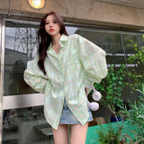 Women Sunscreen Shirt Spring Summer Checkered Design Sense Blouses Long Sleeved Chic Outerwear Cardigan Shirt Tops-Outfit