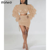 skirt sets for women mesh see though crystal fur long sleeve t-shirt ruched asymmetrical skirts two 2 piece set outfits-Outfit
