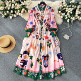 French Vintage Lapel Lantern Sleeve Print Dress Female Straps Closed Waist Show Slim Elegant Dress-Outfit