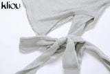 Kliou Knitted Dress Women Sexy See Through X-Long Hoody Tops+One Shoulder Drawstring Ruched Robe Skirt Hipster Future