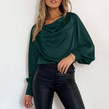 Elegant Satin Blouse 2022 Autumn Women Lantern Sleeve Long Shirts Fashion Cowl Neck Casual Solid Streetwear Tunic