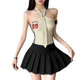 Woherb 2024 Summer Women's Tie Design Hanging Letter Print Slim Vest-Outfit
