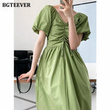 Spring Summer V-neck Drawstring Women Mid-Length Dress Puff Sleeve Slim Waist Casual Female A-line Dress 2022-Outfit