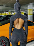 Kliou Shiny Outstanding Bodycon Hooded Jumpsuit Women Long Sleeve Sexy Backless Fashion Streetwear Skinny Slim Female