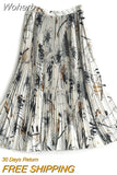 Women Summer Mid-length Pleated Skirt Elegant Casual High Waist Printed Long Skirt QT1851-Outfit