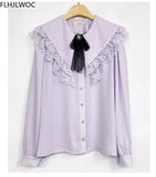 Cute Retro Vintage Ruffles Bow Tie Ribbon Tops Flhjlwoc Basic Elegant Work Formal Single Breasted Button Solid White