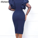 Winter Elegant Mesh Puff Sleeve Slim Dress African Women Fashion Solid Perter Pan Collar Party Dress Women-Outfit