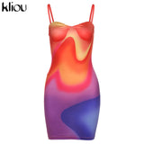 Kliou Gorgeous Print Mini Dress Women Aesthetic Color Match Slim Sexy Cleavage Camisole Skirt Fashion Sleeveless Strapless