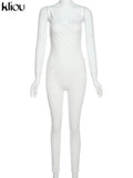 Kliou Hollow Out See Through Jumpsuit For Women Solid Sexy Sling Skinny Cleavage Net Plaid Hole Stunning Midnight Club
