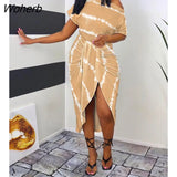 Women Tie Dye Print One Shoulder Wrap Midi Dress Office Lady Outfits Femme Short Sleeve Slit Clothing Vestidos 2022 New-Outfit