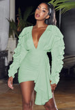 Green Sexy Deep-V Long Sleeve Ruffles Ruched Mini Club