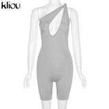 Kliou One Shoulder Cut Out Biker Shorts Rompers 2021 Sleeveless Sporty Workout Activewear Playsuits Solid Casual Women