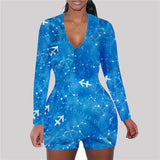 hirigin Zodiac Signs Bodysuit Sexy Women Long Sleeve Bodycon Pajama Romper Women Shorts Leotard Playsuit Overalls