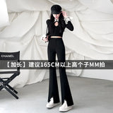 Woherb Suit Bell Bottom Pants Children 2024 Autumn New High Waist Show Thin Feeling Pants Slit Casual Micro Pants-Outfit