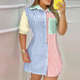 hirigin Elegant Turn Down Collor Shirt dress Women Casual Short Sleeve Leopard Patchwork Button Front Pocket Colorblock