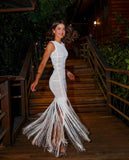 Quality White Sleeveless Tassel Hollow Out Bodycon Rayon Bandage Dress Evening Party Sexy