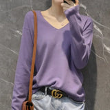 Women Sweaters White Long Sleeve O-neck Basic Pullovers Spring Autumn Solid Korean Sweater Bottoming Shirts V-neck