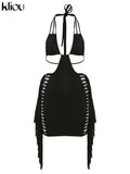 Kliou Tassel Hollow Out Mini Dress Women Sexy Halter Sleeveless Cleavage Backless Lace Up Sheath Skirt Party Clubwear Lady