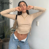 Autumn O Neck Black Khaki White Long Sleeve Skinny Hollow Out Knitted Woman T Shirts Sexy Y2K Basic Tees Tops Winter