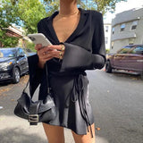 Black Satin Turn-down Collar Shirts Dress Sexy Women V-Neck Lace Up Summer Dresses 2021 Autumn Long Sleeve Party