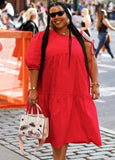 Plus Size Red Slash Neck Short Sleeve Midi Loose Casual