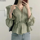 Cute Japan Korean Style Design ClothesAutumn Flare Sleeve Solid Peplum Baby shirt tops Short Blosas