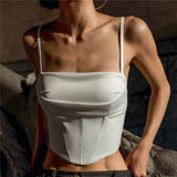 Woherb French Sexy Show Thin Pure Desire Jacket Summer Burst Satin Fish Bone Temperament Condole Belt Vest Woman-Outfit