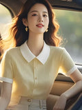 Ice Silk Polo Collar Knitted Shirt For Women 2025 Summer New Commuter Shoulder Short-Sleeved T-Shirt Euro