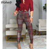 Women 2 Pieces Plain Print Buttoned Shirt & Plaid Print Pants Set 2022 Femme Knot Front Overalls Office Lady Outfit Traf-Outfit
