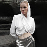 Woherb New Fashion Long Sleeve Cross Strap Design Sense Hood Crop Slim Top T-Shirt Women-Outfit