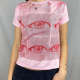 Harajuku Eyes Print T-shirt Long Sleeve Women Crop Top Y2K Aesthetic Sweats Tess Gothic Punk Style Tshirt