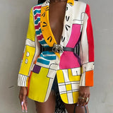 Women Jackets Print Full Sleeve Notched Collar Single Button Straight Jackets Coats Office Lady Fashion Clothing